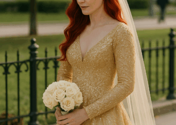 Esta novia lució un vestido dorado de la era eduardiana en su boda en la Abadía de Westminster—luego se tiñó el cabello de rojo para la fiesta posterior.