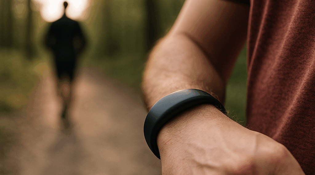Image of a black banded wearable device with no screen against a red background.