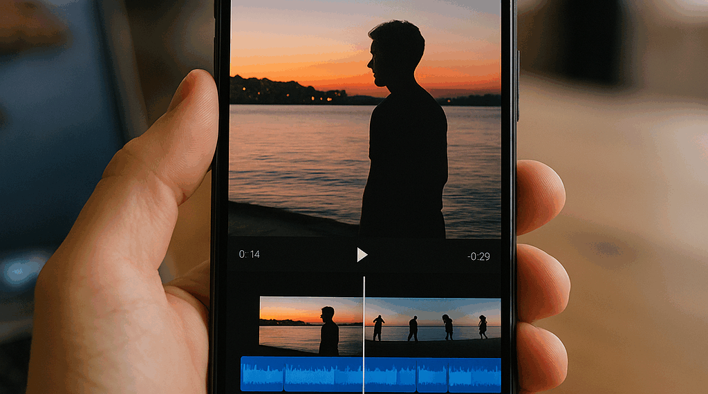 Premiere video editing app on iPhone in front of a laptop