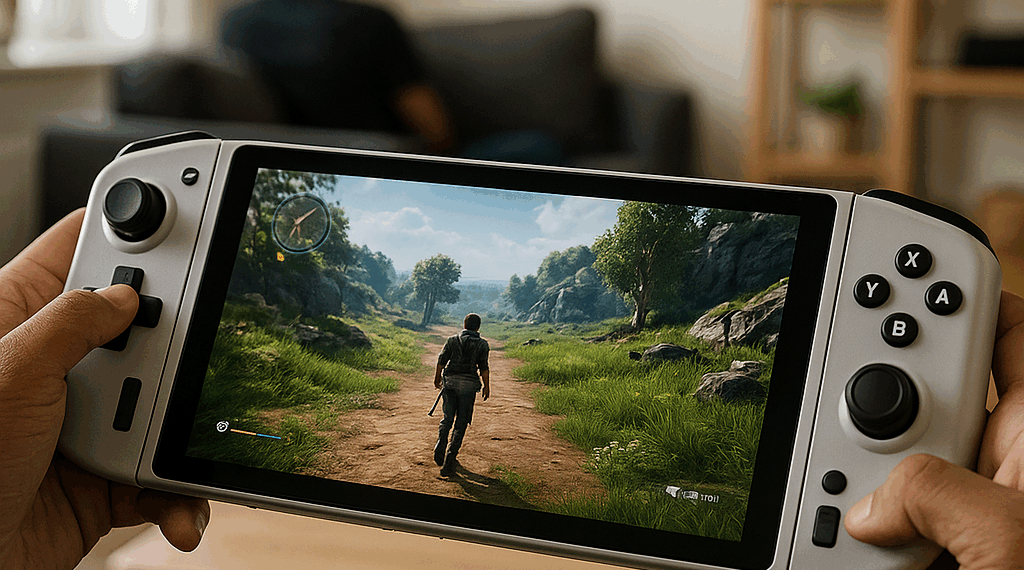 Lenovo Legion Go 2 Windows gaming handheld sitting in a docking cradle on a white table.