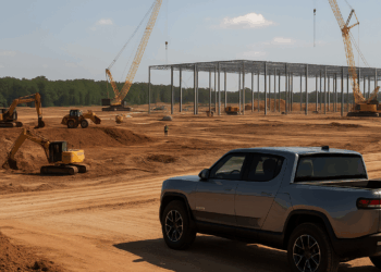 Governor Brian Kemp and Rivian CEO RJ Scaringe break ground at the planned Georgia factory.