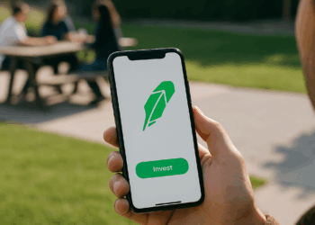 This photo illustration shows a Robinhood logo is displayed on a smartphone with stock market percentages on the background.