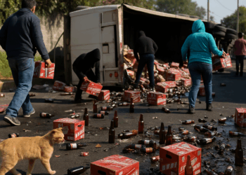 Se registra rapiña de cerveza tras volcadura en Ecatepec, Edomex