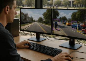 AI robot face and programming code on a black background.