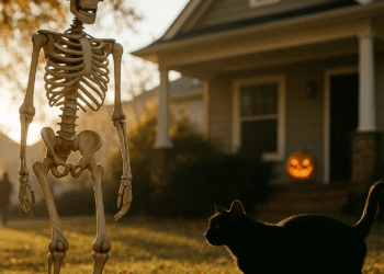 Spooky graveyard with animatronic human and animal skeletons