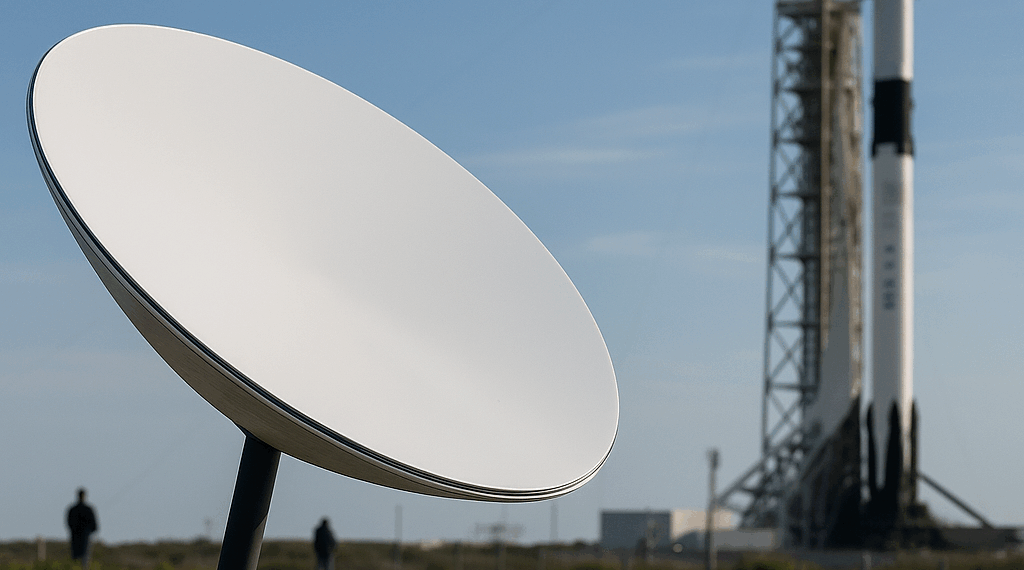 Starlink logo on a smartphone against an image of the Earth from space.