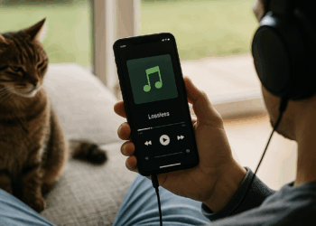 Hand holding a mobile phone with the logo of Spotify on its screen.