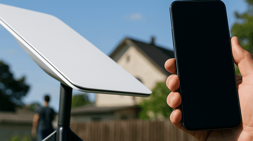An image of the Starlink logo on a phone, with Earth and satellites in the background (gettyimages-2224910960)