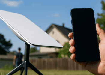 An image of the Starlink logo on a phone, with Earth and satellites in the background (gettyimages-2224910960)