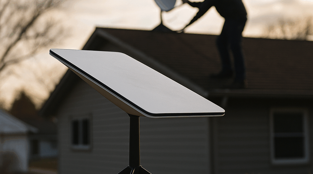 A Starlink satellite dish sits in the foreground, angled at 30 degrees, while hills and mountains dotted with green tees sit in the unfocused background