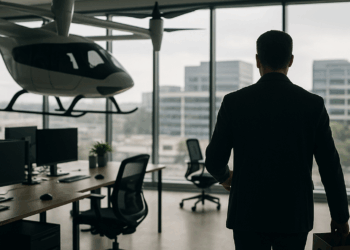 an electric air taxi paint in white sits on a platform at CES 2024