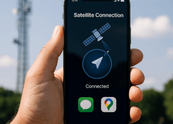 Man on stage speaking with a large screen behind him with information about the T-Satellite feature