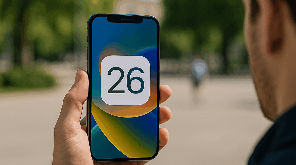 An iPhone lock screen with a clear clock next to the number 26.