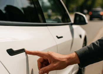 Teslas, which will be sent to the Port of Zeebrugge in Belgium, wait to be loaded on board the cargo vessel Theben operated by Wallenius Wilhelmsen at Nangang port.