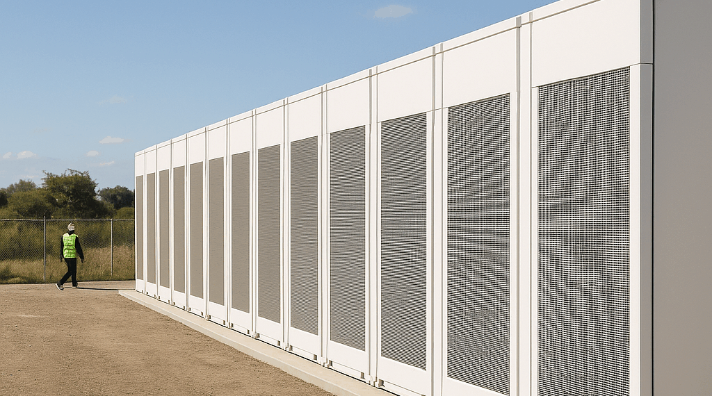 A rendering shows Tesla's Megablock energy storage system.