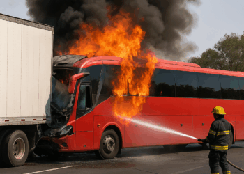 Tráiler impacta a autobús ADO y se incendian, sobre la autopista Córdoba –Veracruz