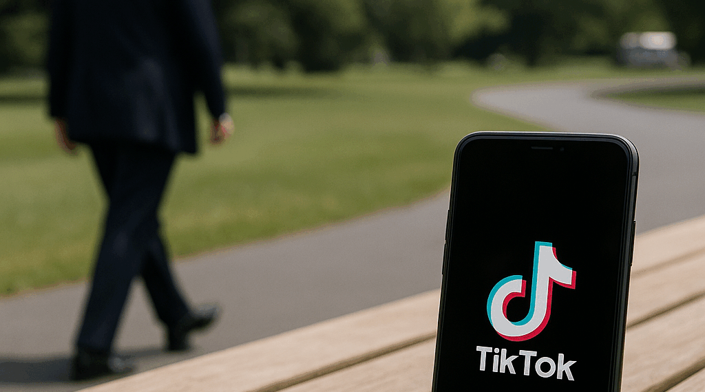 TikTok logo on a mobile phone, with a blurry image of Donald Trump in the background