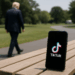 TikTok logo on a mobile phone, with a blurry image of Donald Trump in the background