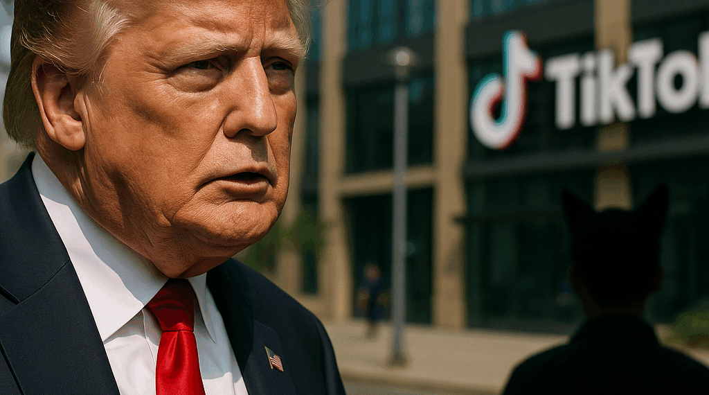 The TikTok app and logo are seen on a mobile device in front of a US flag