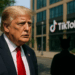 The TikTok app and logo are seen on a mobile device in front of a US flag