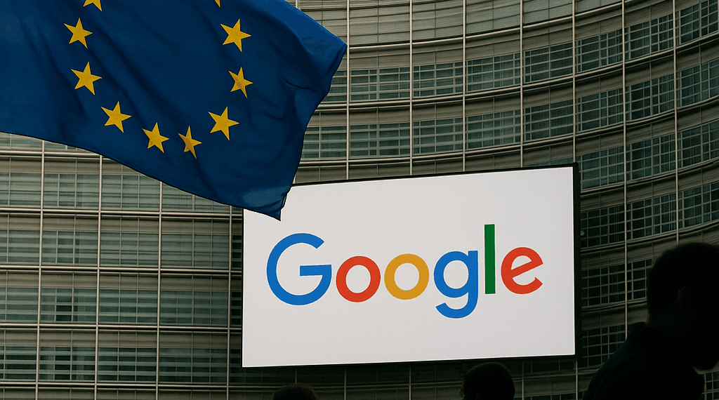 European Union flag displayed on a laptop screen and Google logo displayed on a phone in front of it