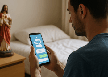 Chatbot looking out of a smartphone display. Text bubbles floating around.