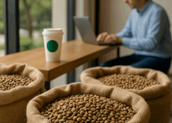 Two white coffee cup on orange striped table at direct sunlight. Top view with shadow.