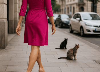 Vestido rosa y zapatos de tacón con plataforma, el look perfecto tanto en la fiesta como en la oficina