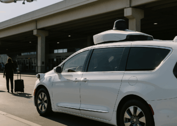 Waymo self driving car waiting at a city intersection in San Francisco
