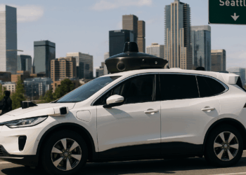 A Waymo Jaguar I-Pace drives on a road