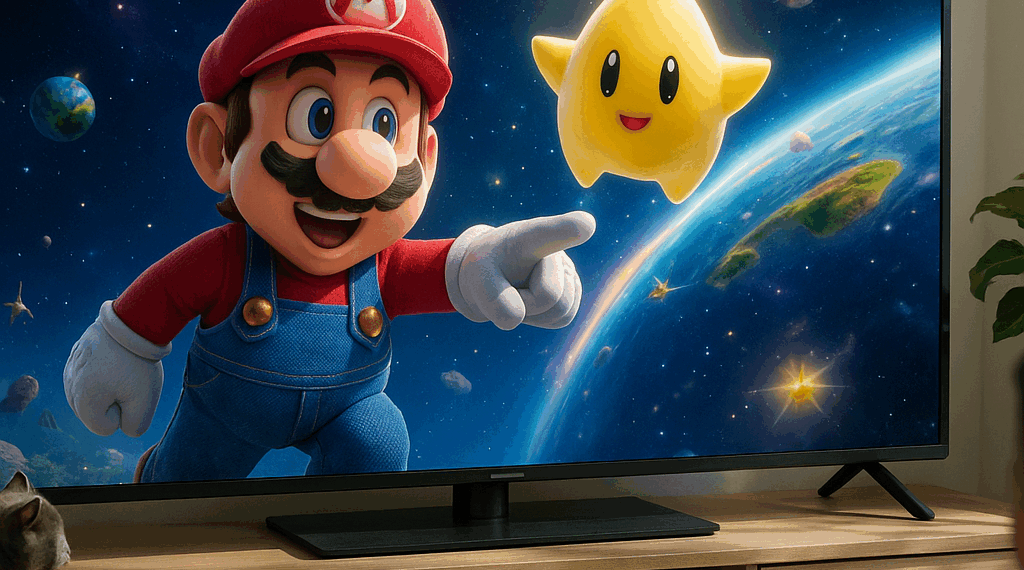 Title card for The Super Mario Galaxy Movie with a Star character whooping