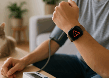 Apple Watch Series 11 on display on a stand among people.
