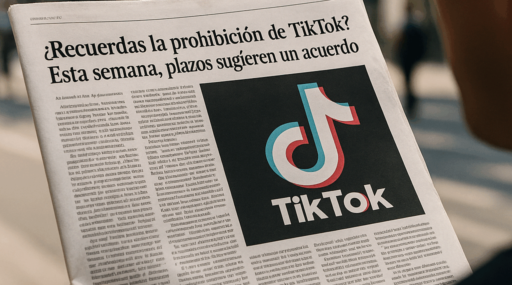 TikTok logo on a mobile phone, with a blurry image of Donald Trump in the background