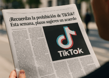 TikTok logo on a mobile phone, with a blurry image of Donald Trump in the background