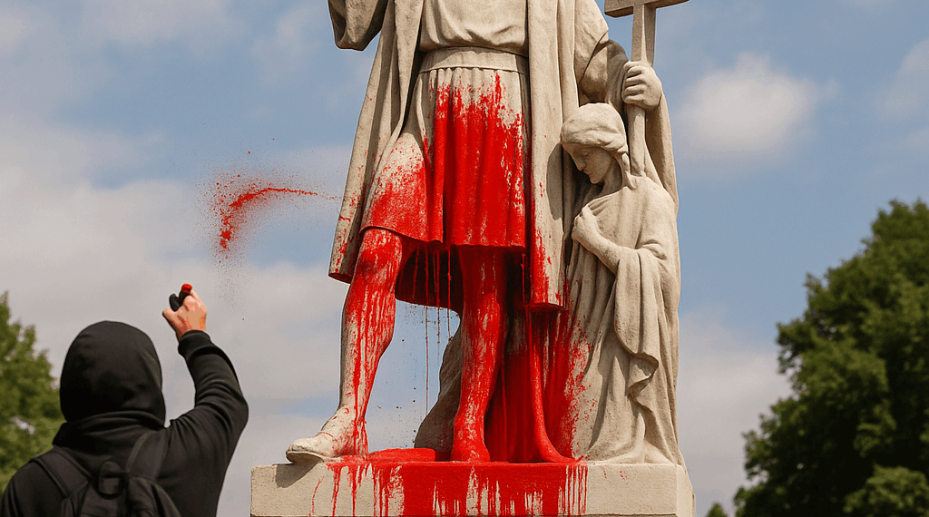 Activistas arrojan color rojo contra una pintura de Colón