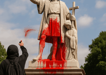 Activistas arrojan color rojo contra una pintura de Colón