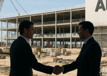Modern data center with servers with lights on them.