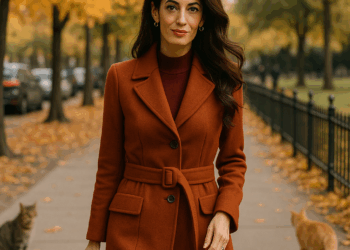 Con vestido mini de terciopelo y flores 3D, Amal Clooney celebra el otoño 2025