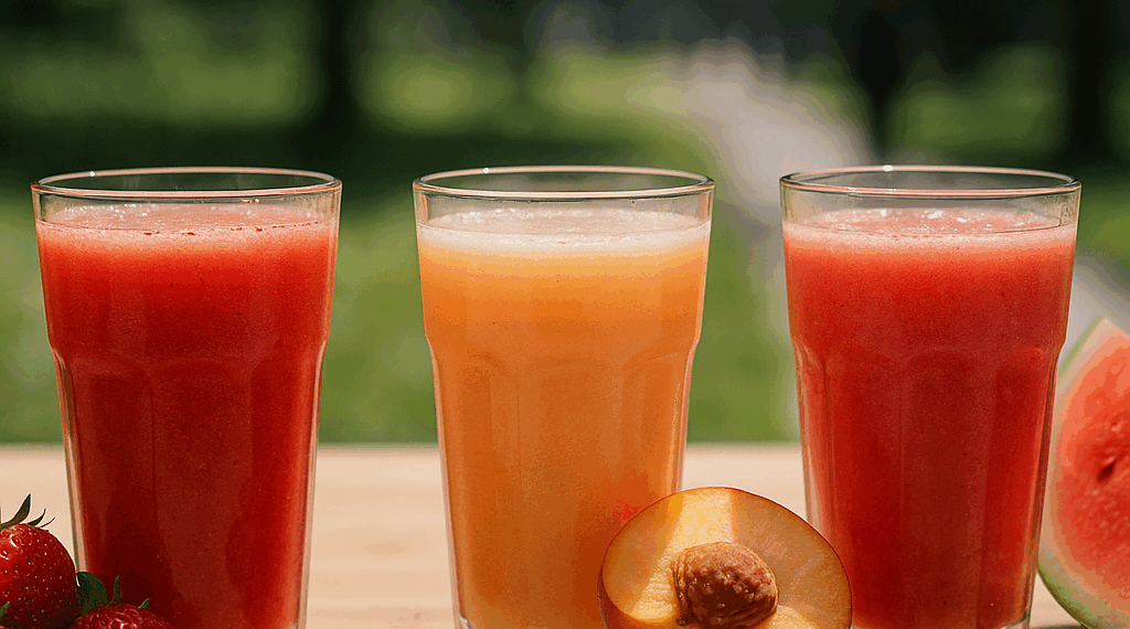 Usa fresa, durazno y sandía para 3 bebidas refrescantes