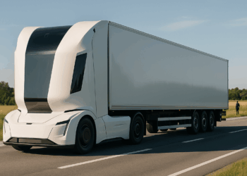 Einride's autonomous electric pod, a truck built without a cab for a driver, on road