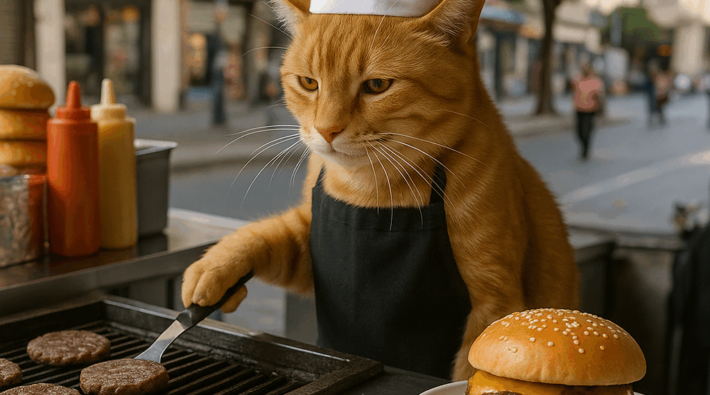 el gato que “prepara y vende” hamburguesas en la Central de Abasto de la CDMX