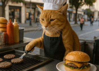 el gato que “prepara y vende” hamburguesas en la Central de Abasto de la CDMX