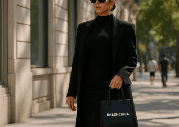 Georgina Rodríguez sorprende en el desfile de Balenciaga con un vestido camisero y zapatos pumps
