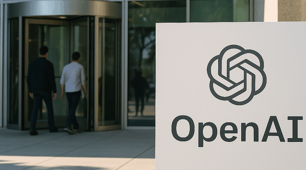 An illustration of Sam Altman in front of the OpenAI logo