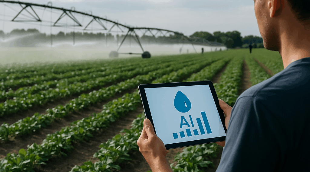 Sprinklers irrigate strawberry plants.