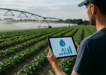 Sprinklers irrigate strawberry plants.