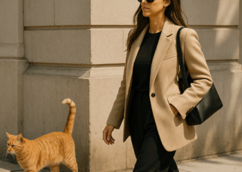 Jessica Alba luce elegante con pantalones beige, tenis negros y mochila Chanel para un paseo en bicicleta