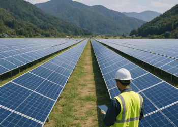 A man inspects solar panels.