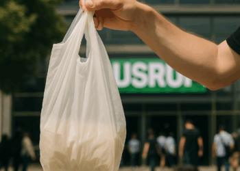 A white surgical mask sits on a black rock.