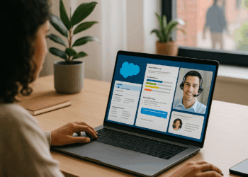 Close-up view of the logo at the entrance to the Salesforce office located at 111 West Illinois Street in Chicago, Illinois, January 2019.